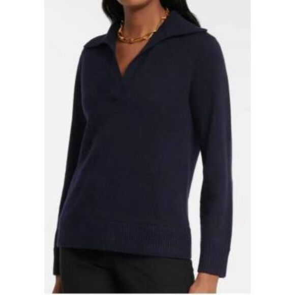 VINCE WOOL CASHMERE OPEN NECK POLO SWEATER COASTAL BLUE - Picture 1 of 5
